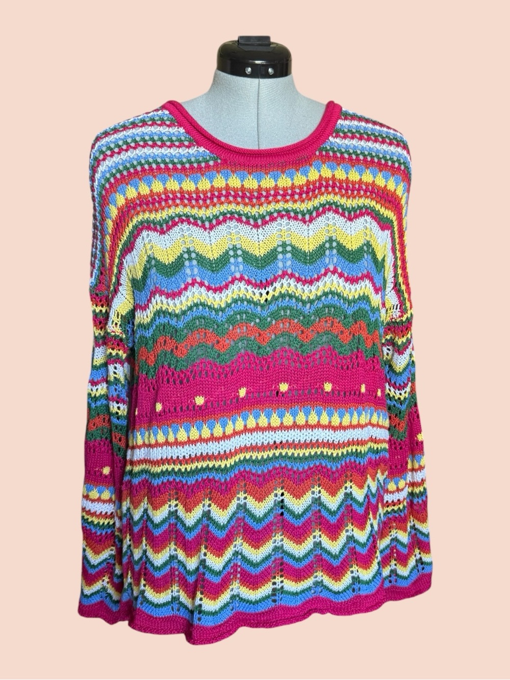 Crochet Knit Bell-Sleeve Sweater - Pink Chevron & Rainbow - Oversized - Picture 4 of 10